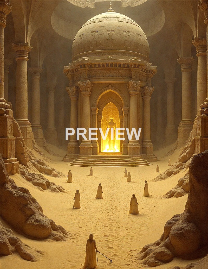 The image depicts an ancient, grand temple-like structure with a large domed ceiling, ornate columns, and a glowing, humanoid figure in a niche at the center, surrounded by sand and small cloaked figures walking towards it.